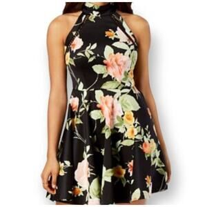 B. DARLIN BLACK & PEACH FLORAL HIGH NECK FIT & FLAIR DRESS SZ.1/2 EUC.